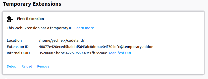 Screenshot showing the temporary extension in "about:debugging"