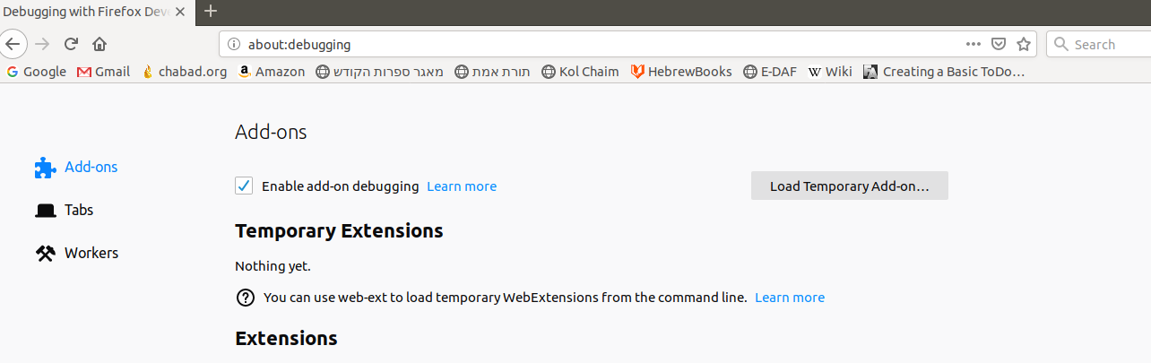 screenshot of the "about:debugging" page in Firefox