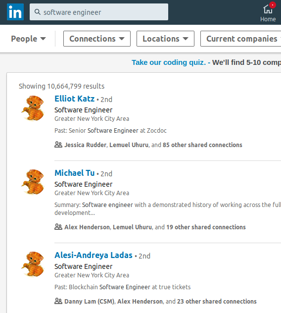 Screenshot of linkedin with a bunch of kittens instead of profile picturs