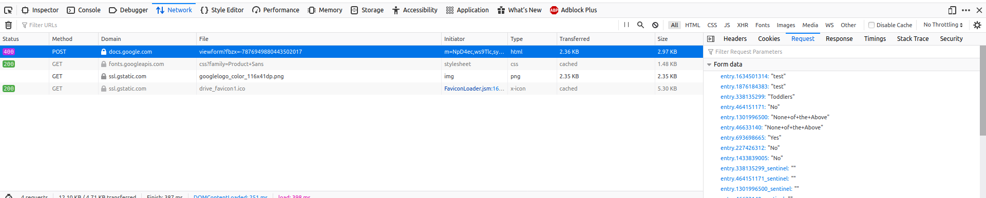 screenshot of the Network tab in the dev tools showing the above