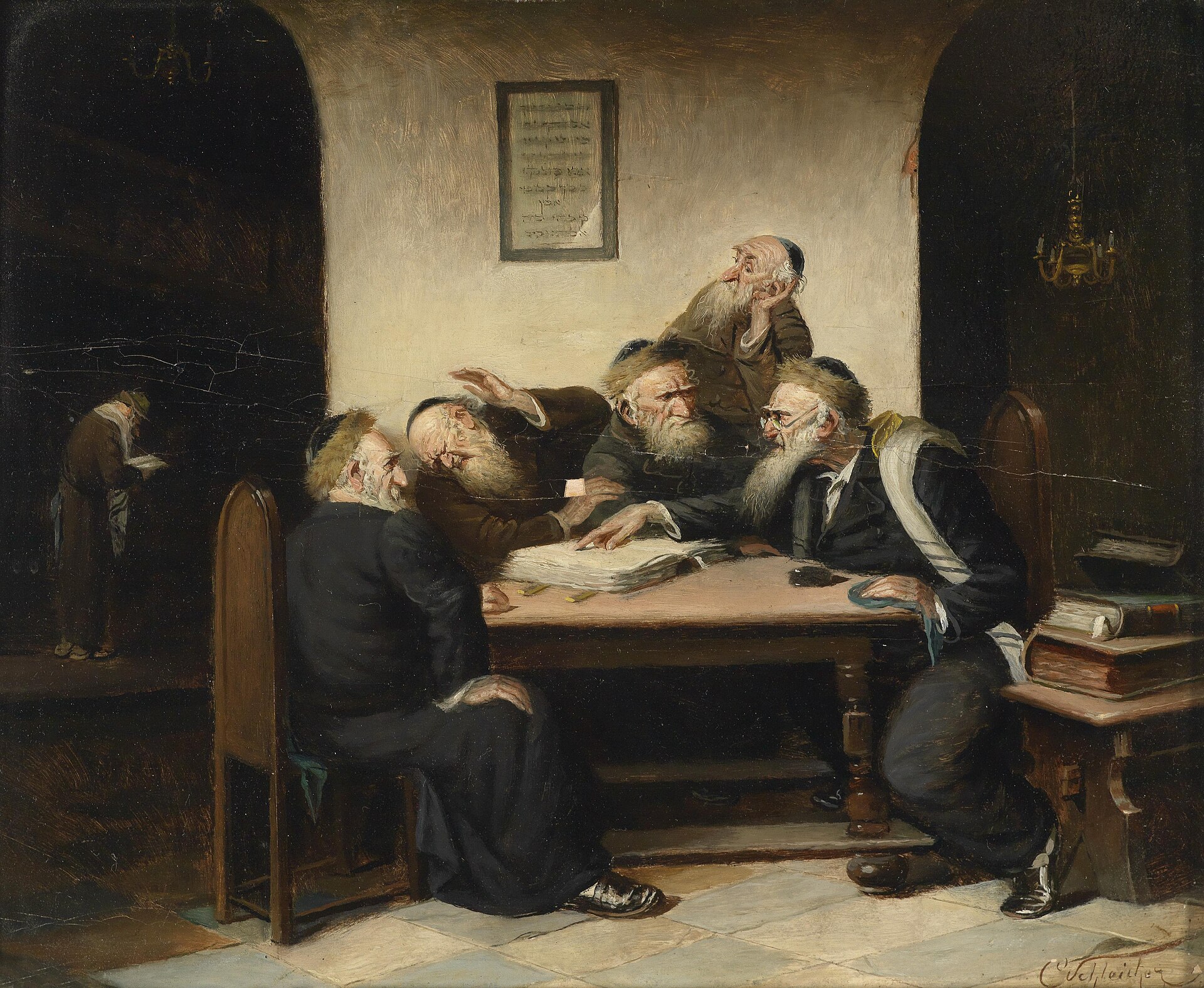 A group of rabbis arguing over a book of Talmud. 